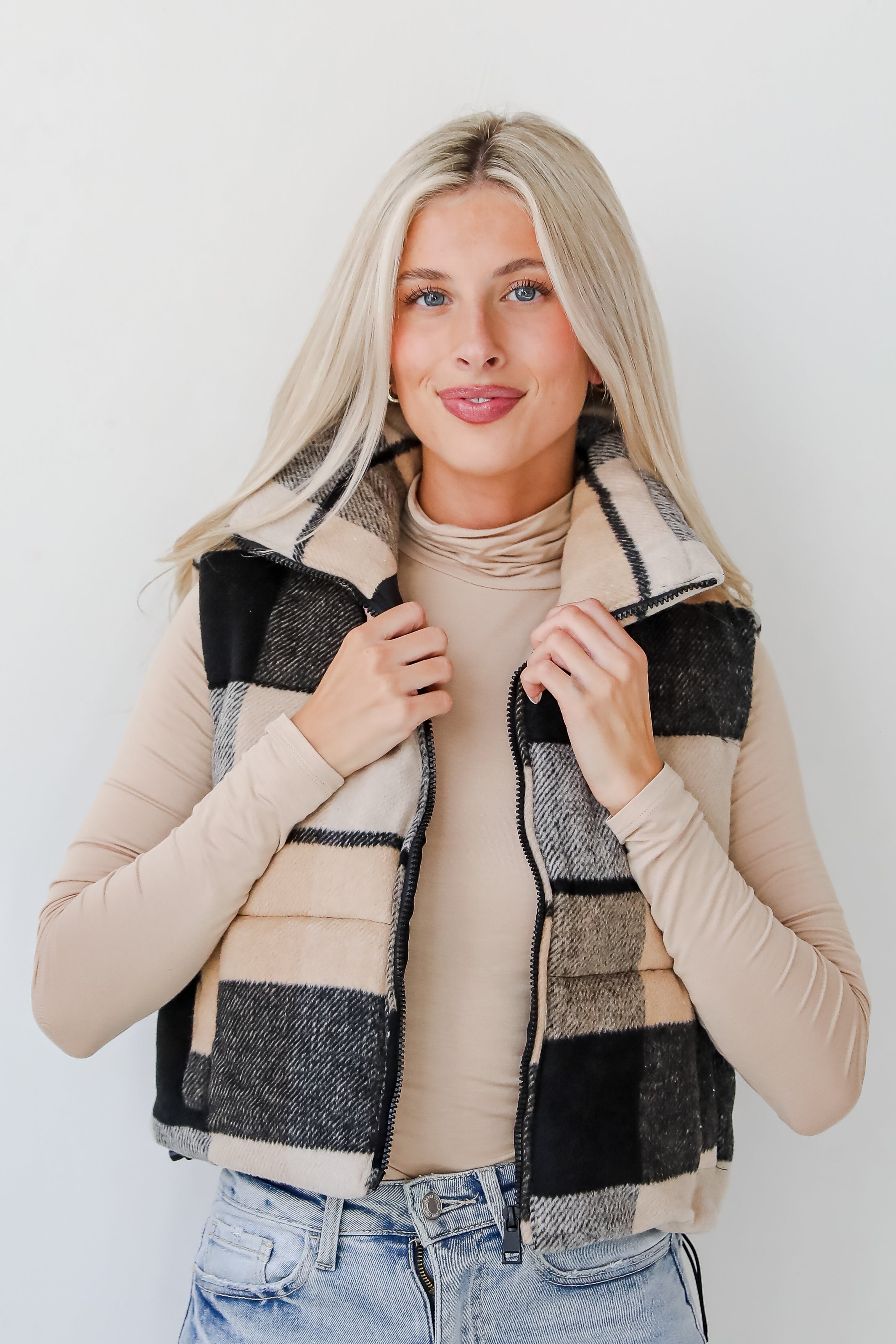 Wintertime Crush Taupe Plaid Puffer Vest