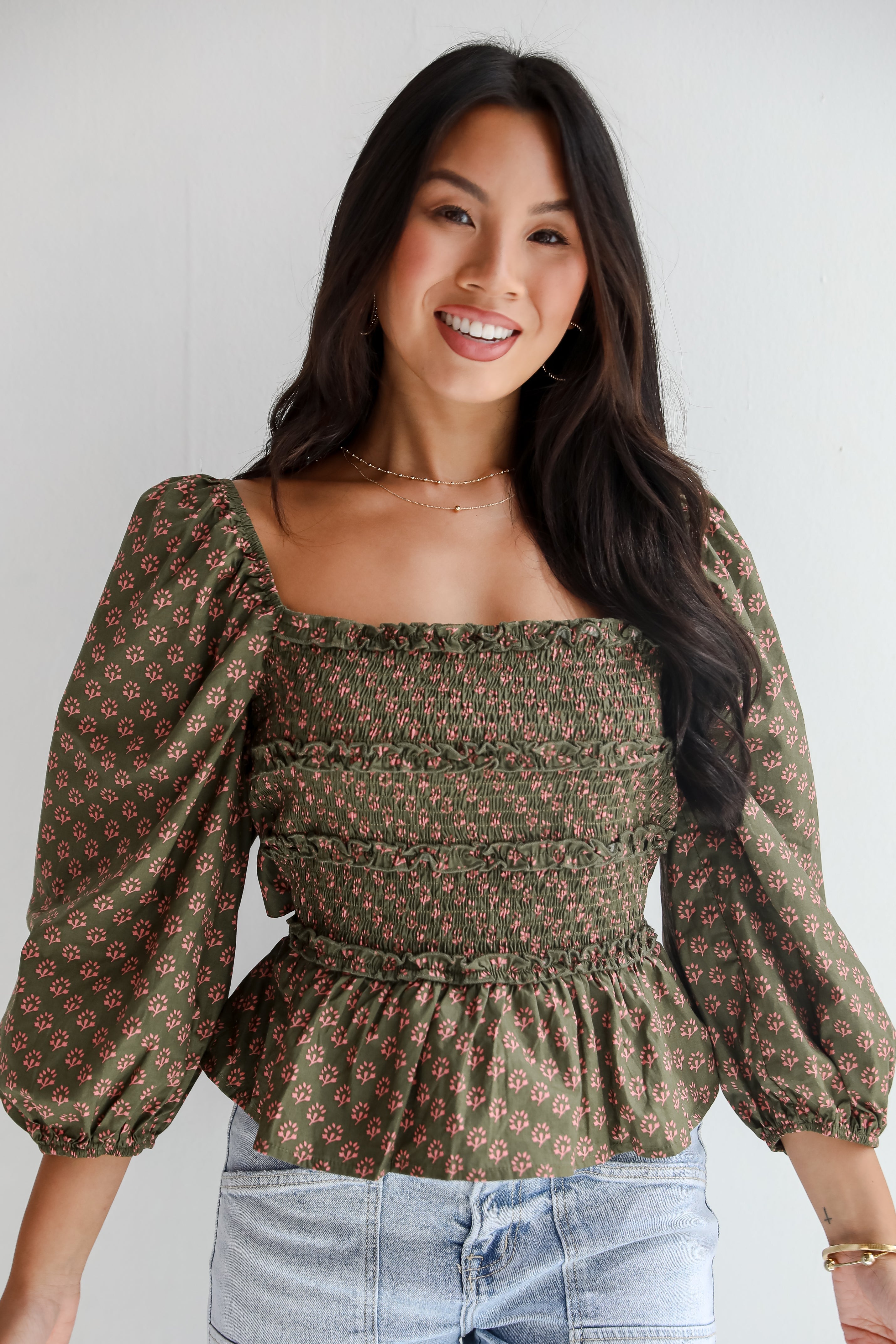 FINAL SALE - No One Cuter Olive Floral Smocked Blouse